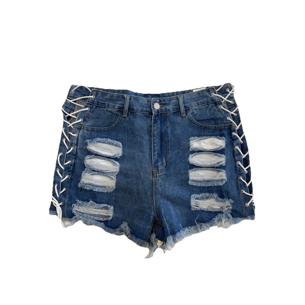 Shein Women Distressed Denim Shorts Lace Up Sides Frayed Hem Blue XL